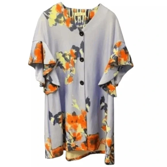 Order Plus Floral Ruffle Sleeve Button Front Tunic Top Lavender Orange Print M - Picture 2 of 6